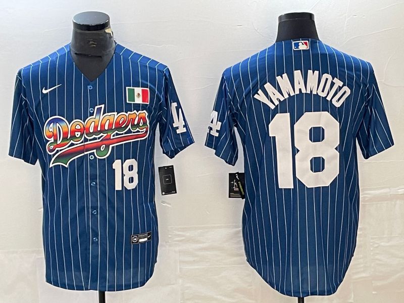Men Los Angeles Dodgers #18 Yamamoto Blue stripe Nike Game MLB Jersey style 3